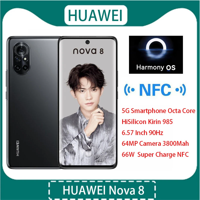 Huawei Nova 8 5G Smartphone Octa Core HiSilicon Kirin 985 6.57 Inch 90Hz 64MP Camera 3800Mah 66W GB RAM 128GB 256GB ROM NFC