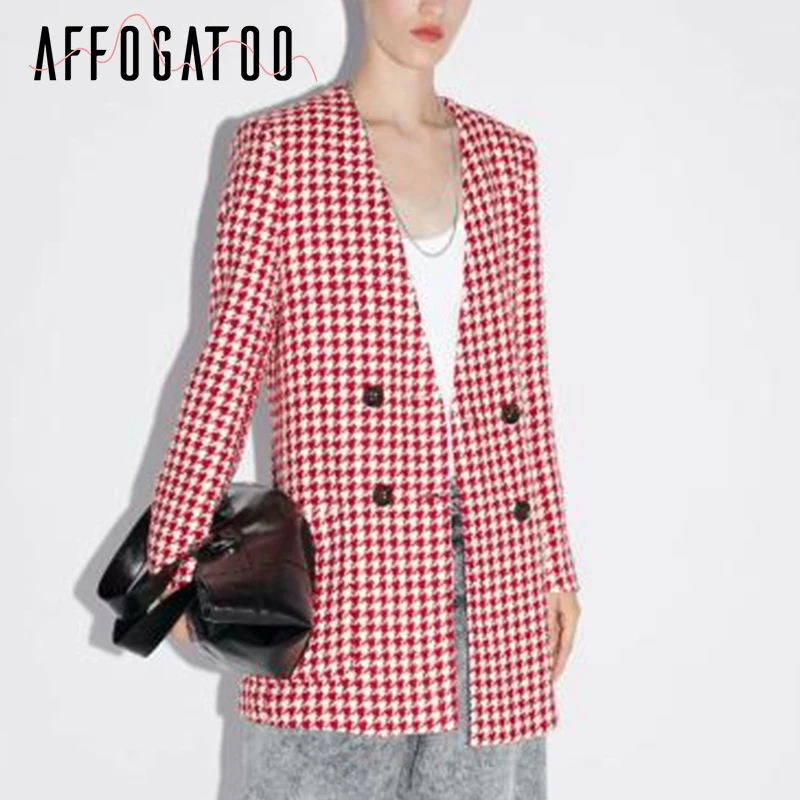 Affogatoo Casual streetwear two-pieces skirt suit women Elegant Double breasted plaid female suit sets office ladies blazer suit - Цвет: coat