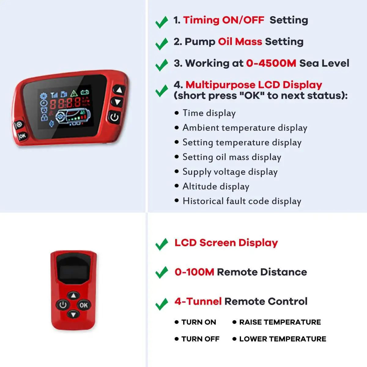 Skup 12V 8000W podgrzewacz samochodowy diesel podgrzewacz powietrza 4 tunelu pilot zdalnego sterowania czerwony LCD termostat do przyczepa kempingowa RV samochód ogrzewanie fan