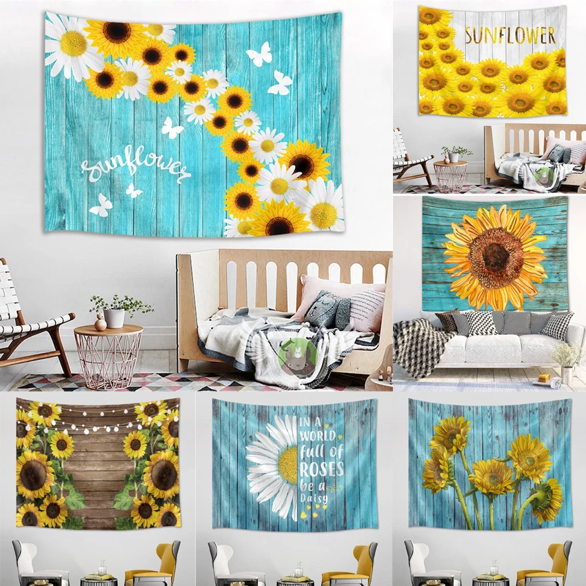 Rustic Wood Board Sunflower Pattern Wall Tapestry Yellow Flower Country Style Farmhouse Decor Dorm Hanging Blanket | Дом и сад