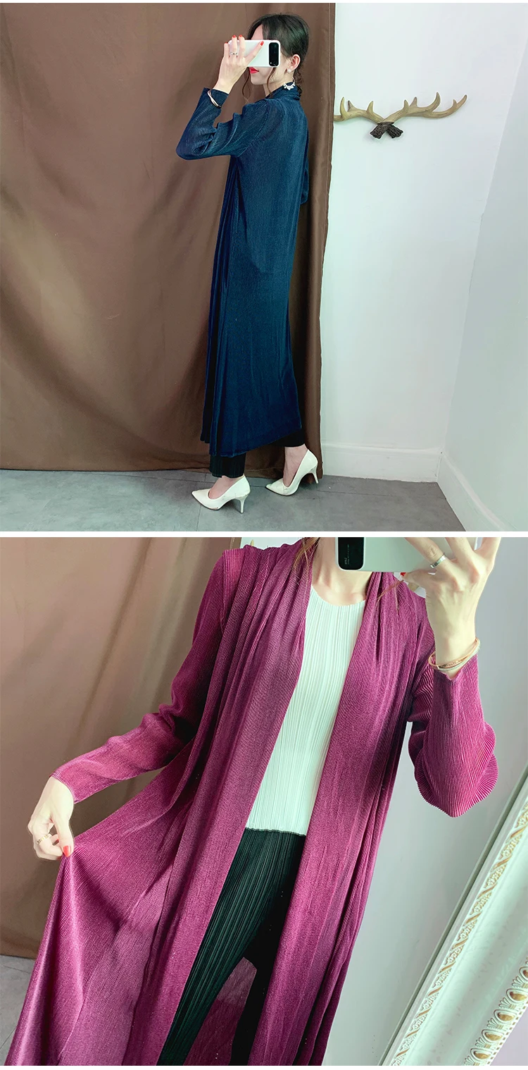 Miyake плиссированный Тренч Новое Осеннее однотонное свободное Золотое длинное пальто Элегантное открытое стежка с Длинным Рукавом Плиссированное ветрозащитное пальто большого размера