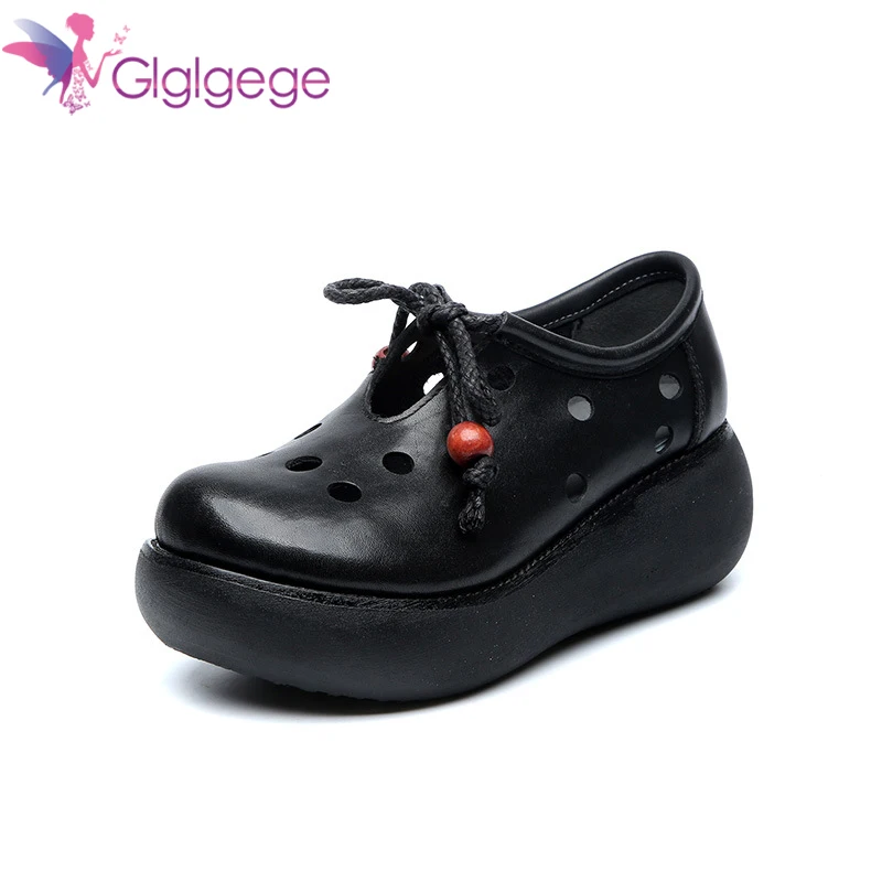

Glglgege Sandals Woman Shoes Lace-up Color Mesh Flower Hole Flat Heel 4 cm Platform Casual Fashion Sandals Women Summer Shoes