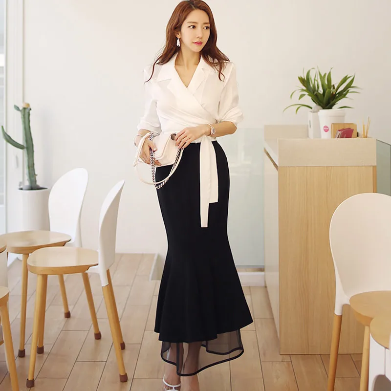 

New Style Two-Piece 2020 Autumn Clothing Korean-style Elegant Shirt Tops Slim Fit Joint Gauze Skirt Set