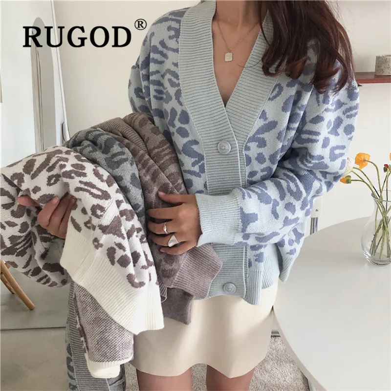 RUGOD, корейский свитер с леопардовым узором, кардиганы, v-образный вырез, однобортный, рукав "летучая мышь", вязаное пальто, модное женское повседневное пальто