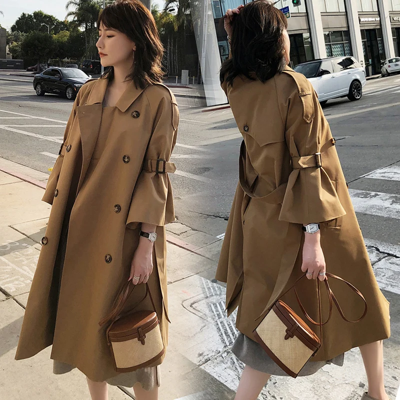 Chic Women Trench Coat Casual Women's Long Outwear Loose Overcoat With Belt Winter Fashion Double-breasted Windbreaker Femme W37