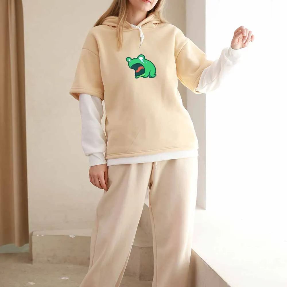 

Kawaii Frog Hoodie Oversized Sweatshirt Sweet Drop Shoulders Drawstring Hoodies for Women Clothes Female Korean Sweatshirts