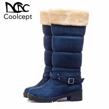 

Coolcept Warm Women Mid Calf Boots Plush Winter Thick Heels Shoes Solid Color Rivets Buckle Shoes Women Footwear Size 34-43