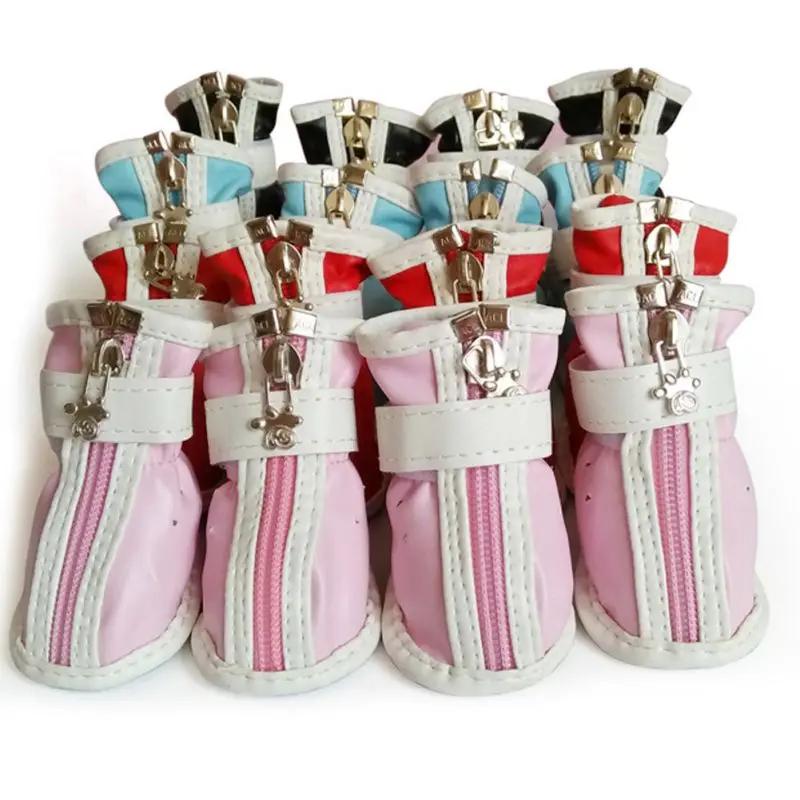4pcs/set Pet Dog Shoes Winter Warm Dog Snow Boots Zipper Shoes For