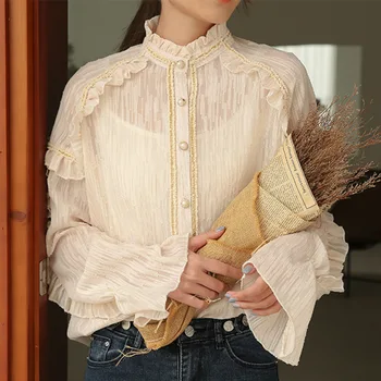 

LANMREM 2020 New Spring Summer Stand Collar Single Breasted Flare Sleeve Pullover Shirt Women Korea Loose Blouse Tide PD979