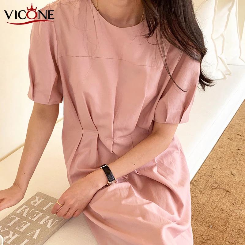 

VICONE Chic Gentle round Neck Back Cutout Lace-up High-Waisted Crimp Long Puff Sleeve Dress Women
