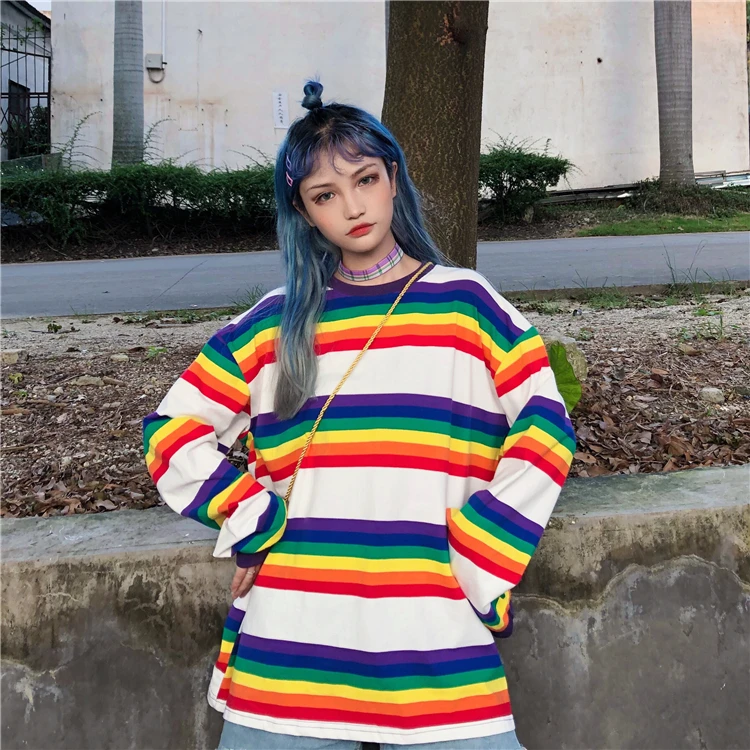 Женский Осенний Модный корейский стиль Ulzzang Harajuku Радужная цветная полосатая футболка с длинными рукавами Женская Повседневная Свободная футболка
