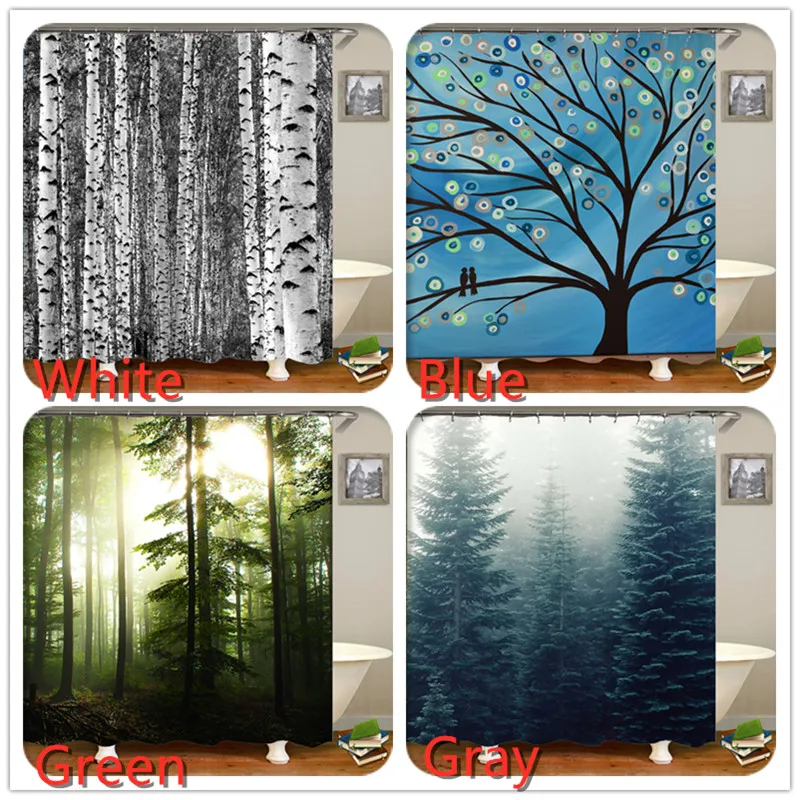Tree solid color shower curtain fabric waterproof polyester bathroom shower curtain for furniture decoration with hook