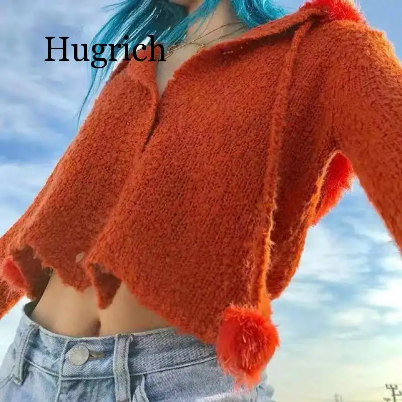 

2020 Fall kawaii short pull femme sweater hairy hairball fur collar hooded crop sweater women knitted cardigan