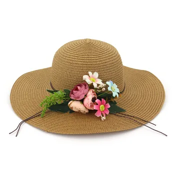 

New Arrival Double Flowers Weave Straw Hat Fashion Wide Brim Summer Hats Girl Women Outdoor Beach Hat Floral Bow Sun Hat