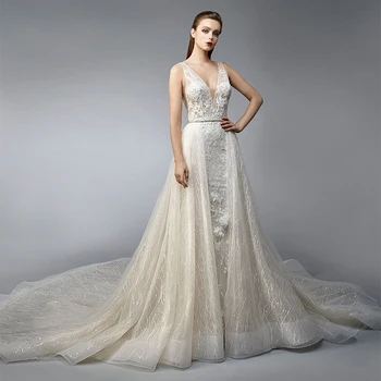 

Latest Design V Neck Sleeveless Glitter Sequined Lace A Line Court Train Wedding Dress with Detachable Train