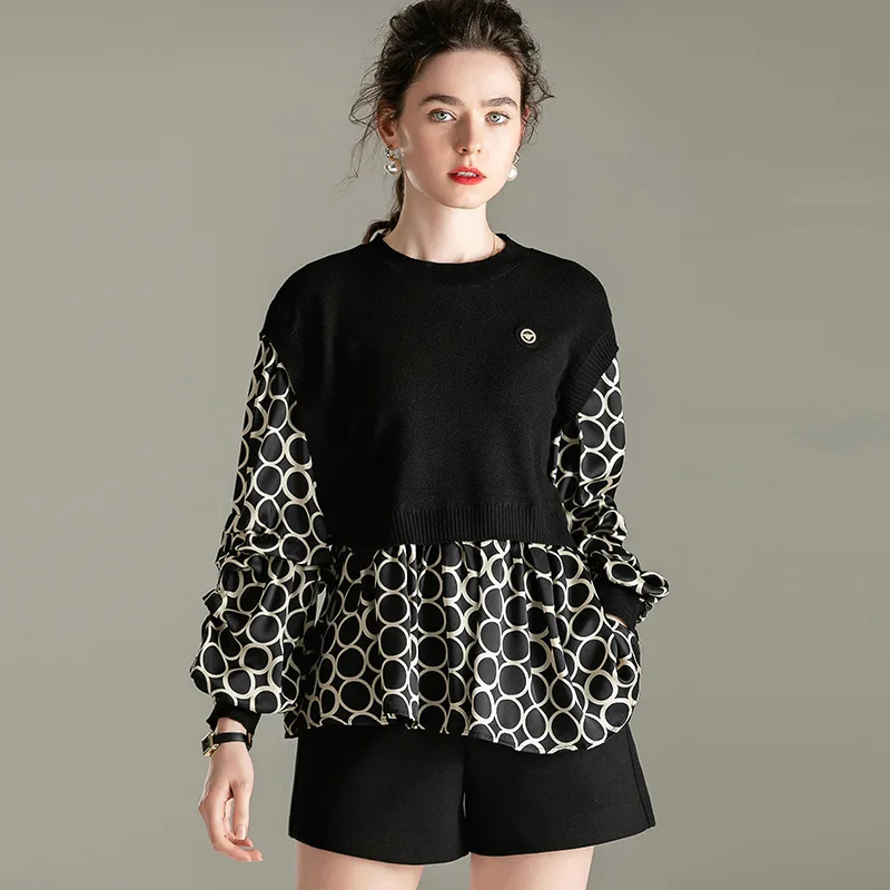 

Shorts And Top Women 2020 Spring Autumn New Fashion knitted Patchwork Round neck long sleeves Top + Black shorts 2PCS Sets