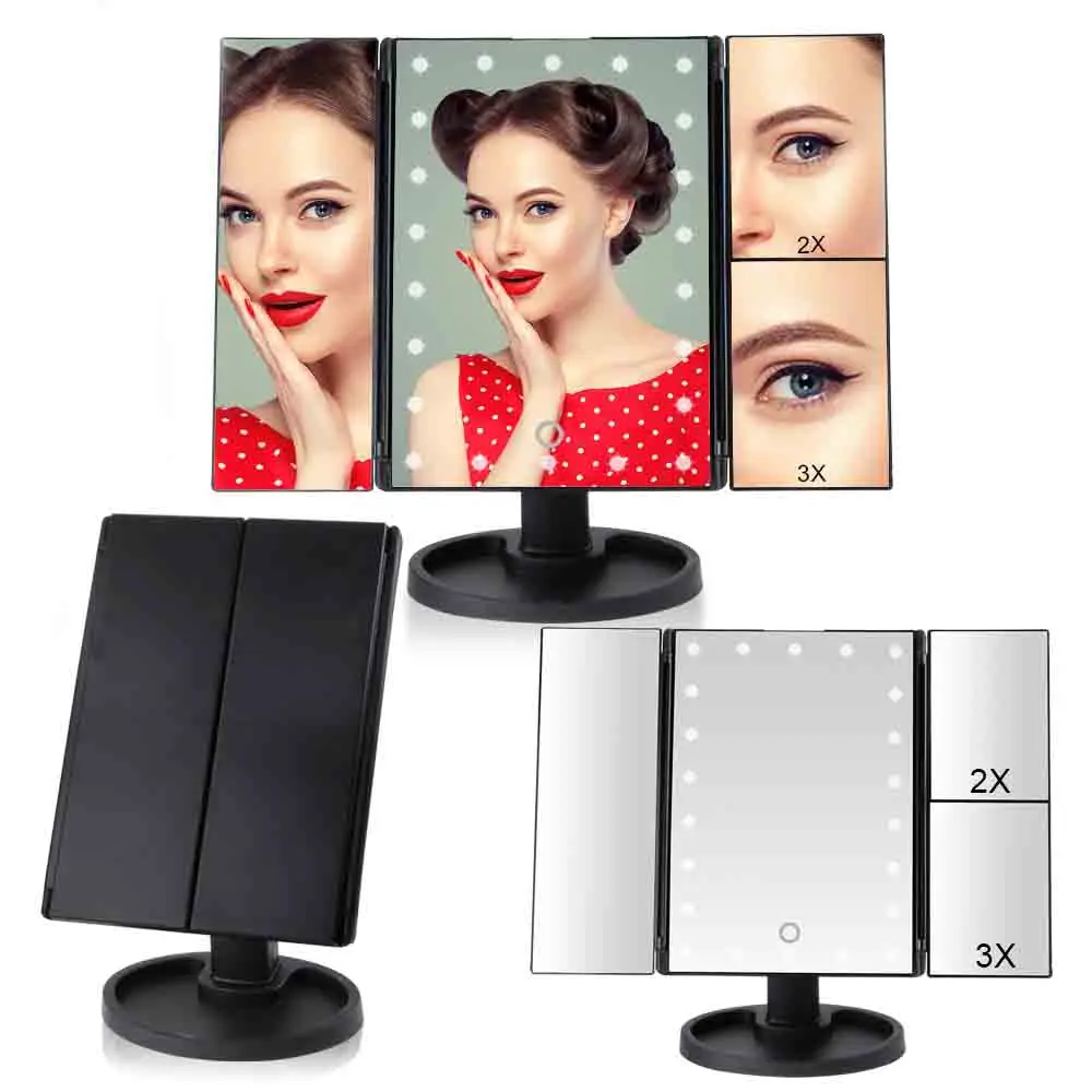 

22 LED Equipped Touch Screen Makeup Mirror With 1X/2X/3X/10X Magnifying Mirrors Grossissant Vanity 3 Folding Adjustable Mirror