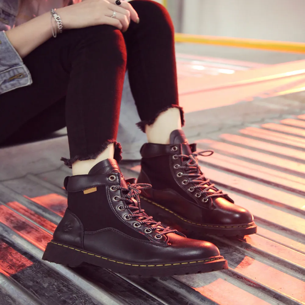 

Women Boot Round Toe Lace-Up Shoes Leather Middle Boots Platform Non-Slip Martin Boot High Quality Comfortable Winter Shoes Sep#
