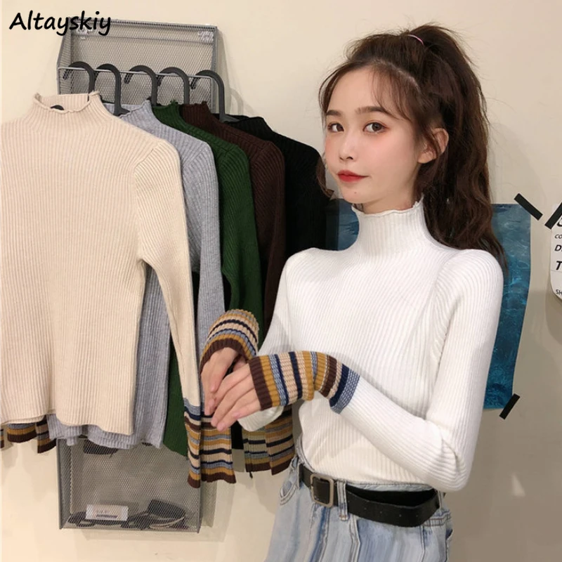 

Pullover Women Turtleneck Knitted Sweaters Thicken Warm Soft Sweet Vintage Elegant Korean Fashion Simple All-match Girls Sweater