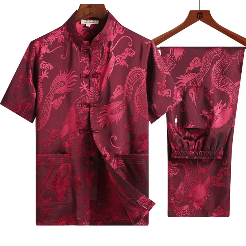 Традиционная китайская одежда для мужчин костюм Тан с длинным рукавом и принтом дракона Шелковый китайский стиль Hanfu рубашка Топ Одежда+ брюки комплект