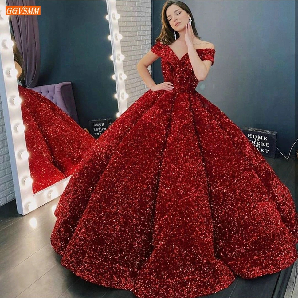 Блестящие красные вечерние платья 2021 Пышное Бальное Платье с открытыми плечами и