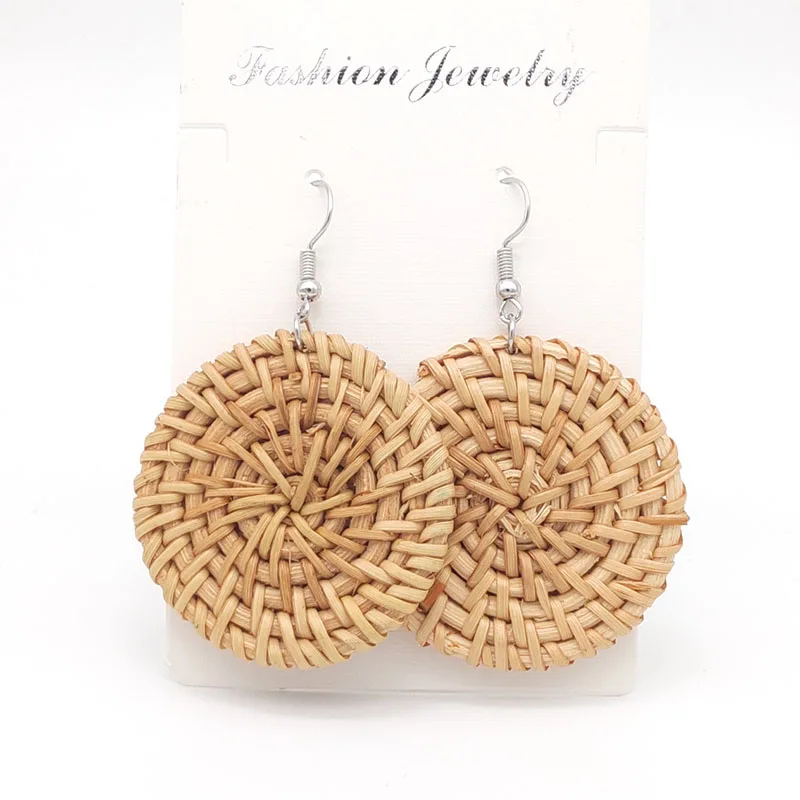 Bohemia Wicker Rattan Knit Earrings Ethnic Wood Bamboo Weaving Geometric Circle Statement Drop Earrings for Women Jewelry - Окраска металла: Ear hook 4