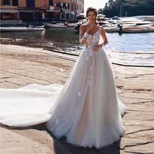 Пляжное кружевное свадебное платье с v-образным вырезом, с длинным рукавом, Boho, платья невесты со съемным шлейфом, иллюзия, свадебные платья, Robe De Mariee