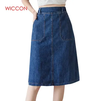 

Denim Skirt Female Summer 2020 New Spring Summer A Word Long Section High Elastic Waist XL Knee-length Skirt Loose Skirt