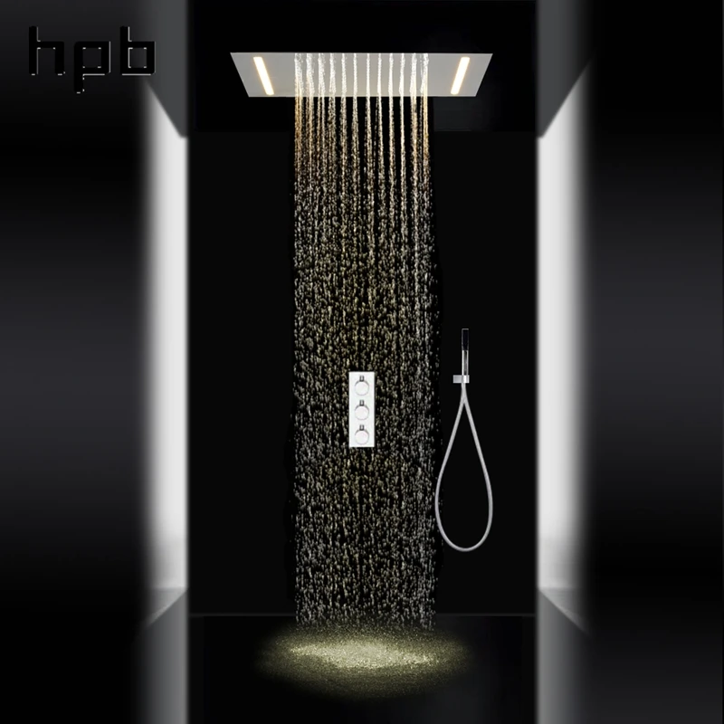 

HPB Contemporary LED Shower Faucet Sets System Rain Shower Handshower Ceramic Valve Three Handles in Chrome 008P-50X36E-F