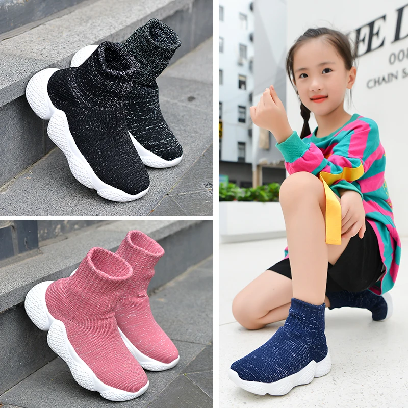 Повседневная детская обувь для мальчиков и девочек спортивная обувь ребенок высокие эластичные облегающие зимние сапоги детские вязаные носки