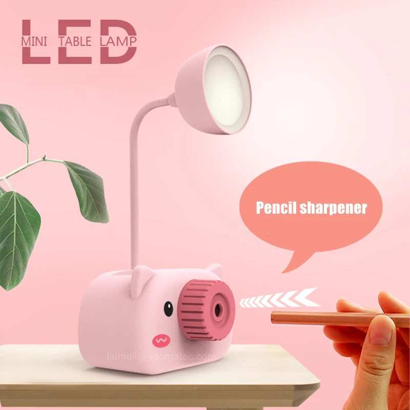 

USB LED Rechargeable Table Desk Lamp Cute Cartoon Pen Holder Pencil Sharpener Flexible Neck Eye-caring Phone Stand Night Light