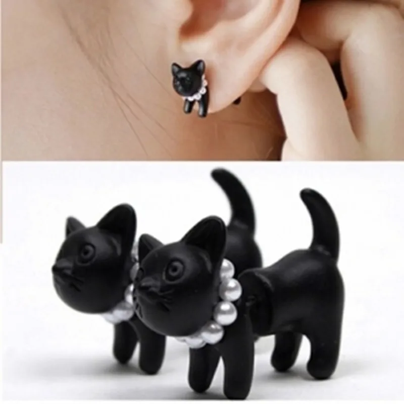 

Hot punk rock style Korean earrings Bijoux new fashion earrings personality pearl puncture black kitten earrings (single bag)