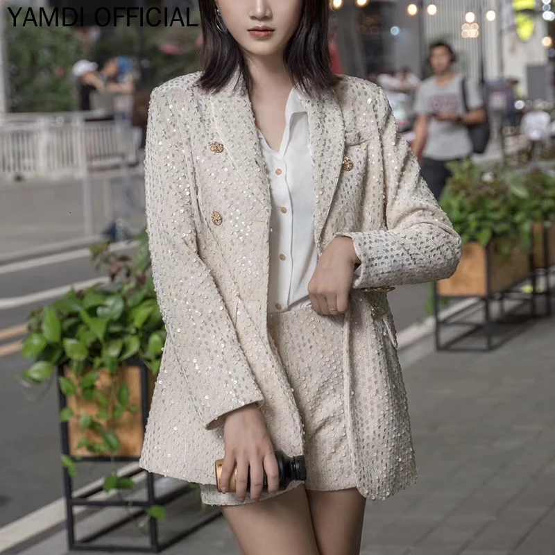 

YAMDI Women Two Piece Short Suit Set Vintage Sequin Embroidery Runway Turn Down Collar Blazer Jacket + Sexy High Waist Short New