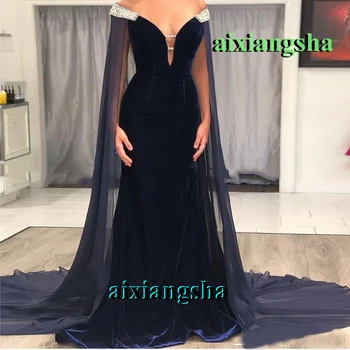 

Navy Blue Velvet Evening Dresses Bling Beads V Neck Prom Celebrity Robe De Soiree Special Occasion Wedding Party Custom Made