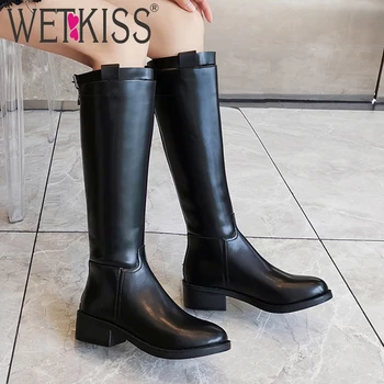 

WETKISS Motorcycle Boots Women Knee High Boot Female Thick Heels Shoes Ladies Round Toe Buckle Neutral Shoes Winter 2020 New