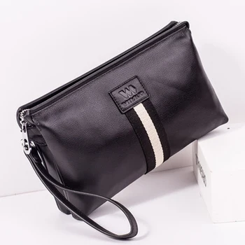 

Wmnuo Men's Clutch Bags 100% Genuine Leather Double Layer Large Hand Bag For Male Long Wallets Envelope Bag Zipper Black