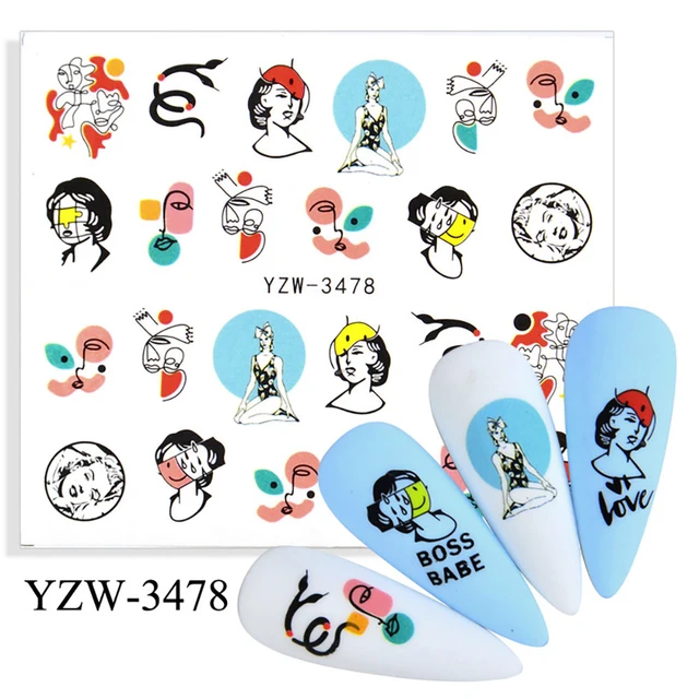 Colorful Face Flower Stickers Nail Stickers Transfer Nails Water Decal Nail Decals Leaf Sticker Series Watermark Nails Geometric YZW-3478