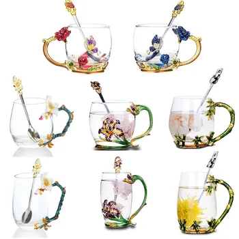 

Color Enamel Glass Coffee Mugs Tea Cups With Spoon Heat Resistant Glasses Water Home Office Drinkware Lovers Gift