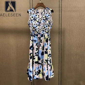 

AELESEEN Runway Fashion 100% Cotton Dress 2020 Elegant Summer Women Dress Flower Print Sleeveless Belt Midi Party Holiday Dress