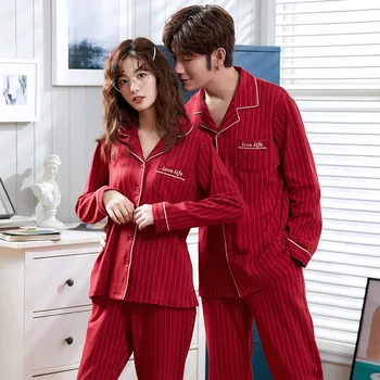 

Couples Chinese Red 100% Cotton Casual Striped Pajama Sets for Women 2020 Autumn Long Sleeve Sleepwear Suit Men Homewear Clothes
