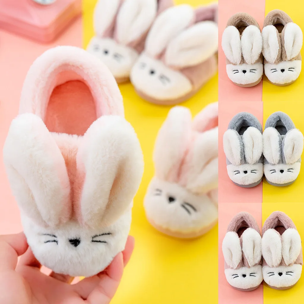 Тапочки для детей; для маленьких девочек и мальчиков; с милым кроликом; домашняя обувь из флока; зимняя теплая Повседневная обувь; домашние тапочки;#3s