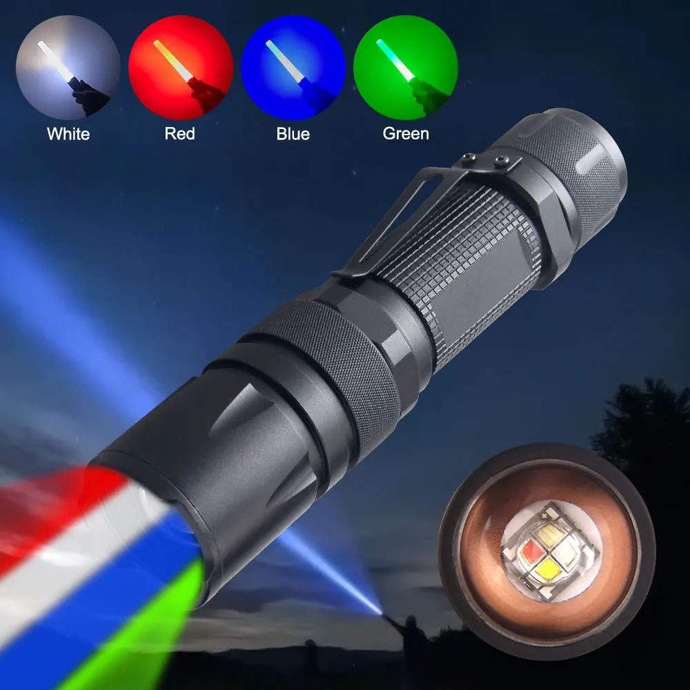 4 in 1 Outdoor Zoomable Hunting Flashlight 5 Modes Multi-color waterproof tactical light Torch with glow stick+18650+Charger best led torch Flashlights