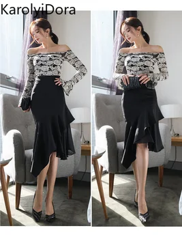 

New two-piece High Quality 2020 Spring Korean temperament word collar lace blouse stitching hip skirt suit