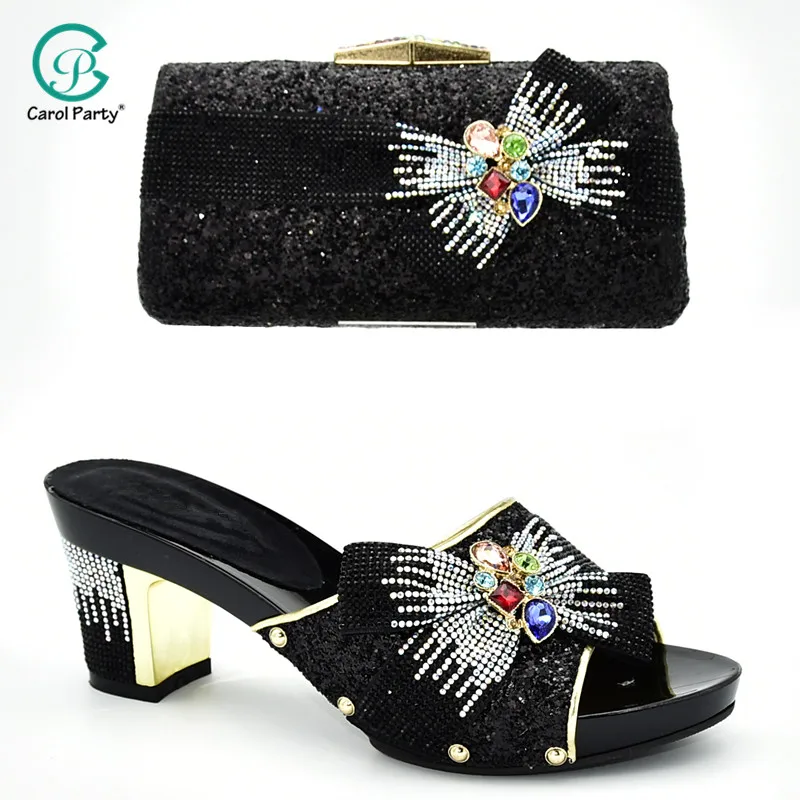 

Italian design Black Shoes Without Matching Bag African Wedding Women Shoes Possible with Bag Set For Party High Heels Sandal