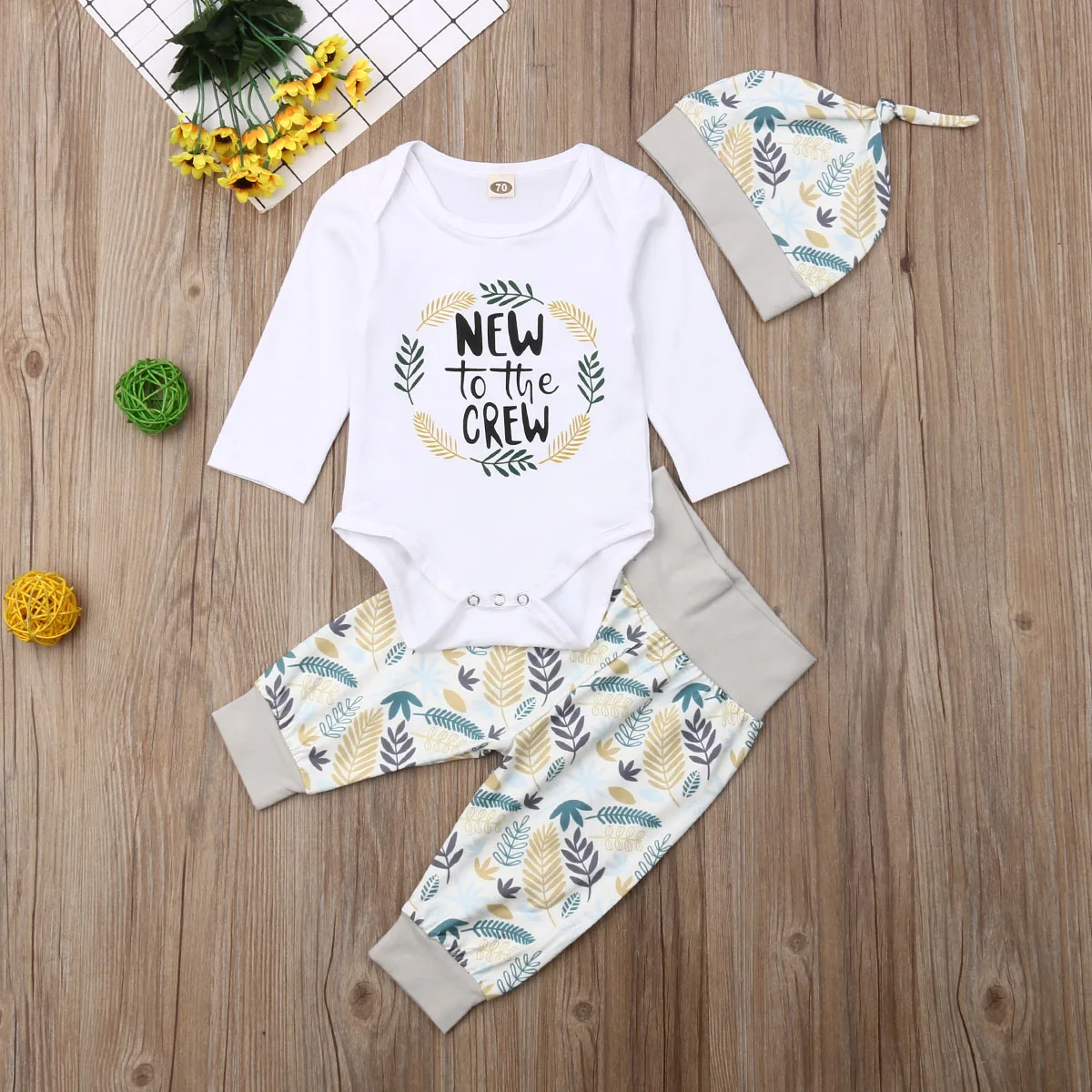 Pudcoco/Одежда для новорожденных мальчиков и девочек хлопковый комбинезон с длинными рукавами и буквенным принтом с принтом пшеницы и шипами, длинная повязка на голову, комплект одежды из 3 предметов
