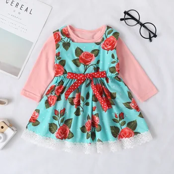 

Children's Clothing 2020 Hot sale Girl spring and autumn New baby suit long sleeve pink t-shirt flower BOW LACE WAISTCOAT DRESS