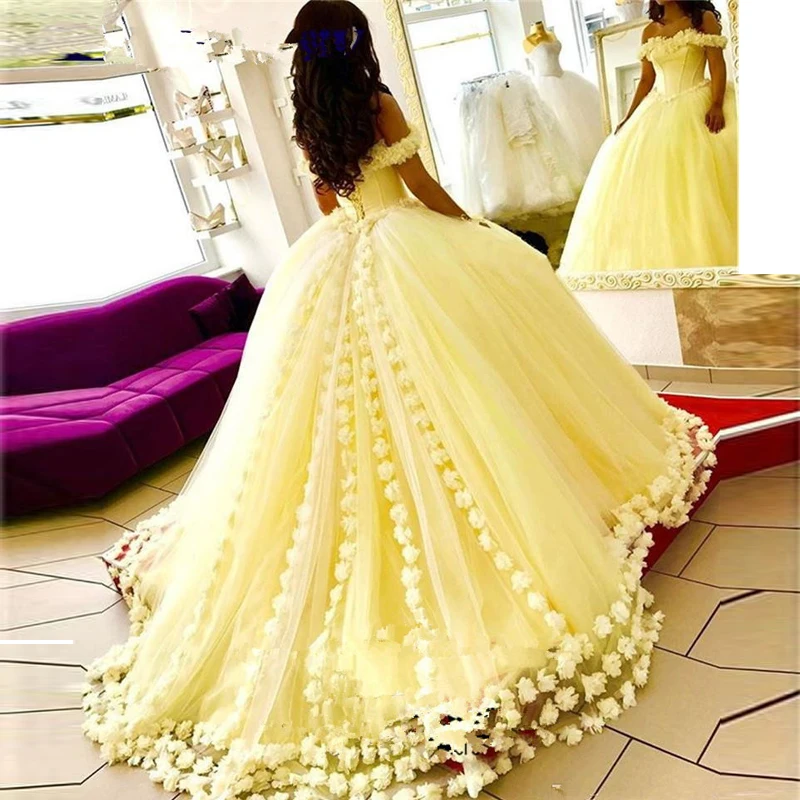 Yellow Ball Gown Quinceanera Dresses 3D Applique Flowers Off Shoulder Sweet 16 Princess Tulle Masquerade Prom Gown