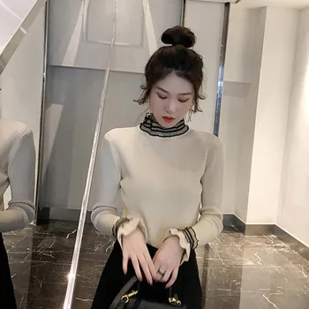 

Slim Solid Color Mesh Sweater Women New Autumn Winter Stitching Pullover Turtleneck Long Sleeve Knit Bottoming Shirt M