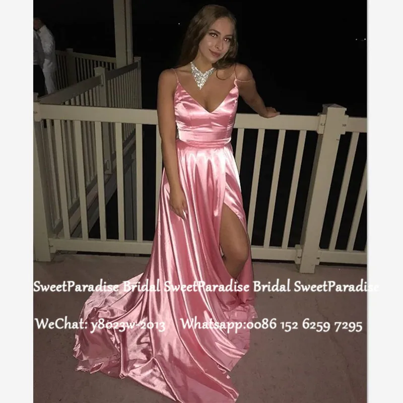 Stijlvolle Roze Prom Dresses Lange Kapel Trein 2020 Side Split Spaghetti EEN Lijn Avondjurk Party Gown Stijlvolle Roze Prom Dresses Lange Kapel Trein 2020 Side Split Spaghetti EEN Lijn Avondjurk Party Gown