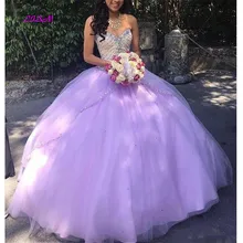 Лаванда бисером Тюль бальные платья Элегантные Блестки в виде сердечек длиной до пола Выпускные платья Vestidos de Debutante 15 Anos